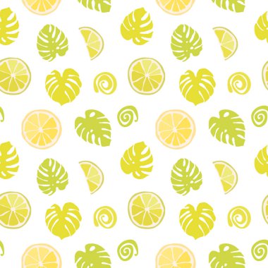 Yeşil canavar yaprakları ve tropikal meyvelerin kusursuz dokusu. Yeşillik desenli, doğal bir özgeçmişi var. Turunçgillerden gelen parlak çiçek deseni.