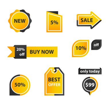 Vektör etiketleri, fiyat etiketleri, afişler, etiketler. Kupon satışı, teklifler ve promosyon vektör şablonu. Alışveriş, ticaret temalı düğmeler, simgeler.