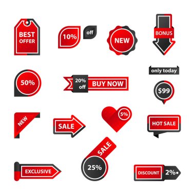 Vektör etiketleri, fiyat etiketleri, afişler, etiketler. Kupon satışı, teklifler ve promosyon vektör şablonu. Alışveriş, ticaret temalı düğmeler, simgeler.