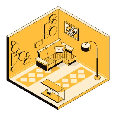 Kanepesi olan modern bir oturma odasının iç tasarımı. Konforlu oda, ev, otel, daire, ev, çatı katı, yurt. Tasarım stüdyosu için daire şablonu, mimarlık işi. Vektör izometrik illüstrasyon