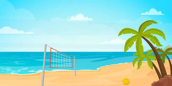 Illustrazione di beach volley, bellissima isola e palme. — Vettoriale Stock