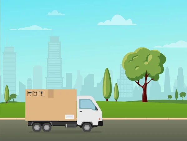 Levering vrachtwagen op het landschap stad. Platte stijl vector illustratie bezorgservice. — Stockvector