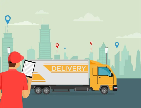 Mensajero de entrega sostiene una tableta en su mano con un camión en el fondo. — Vector de stock