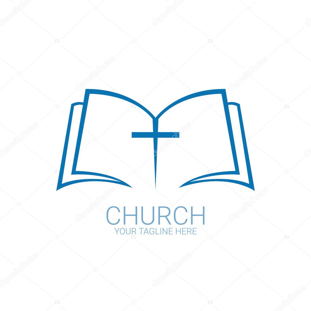 Logo christian cross in the book. Church logo.