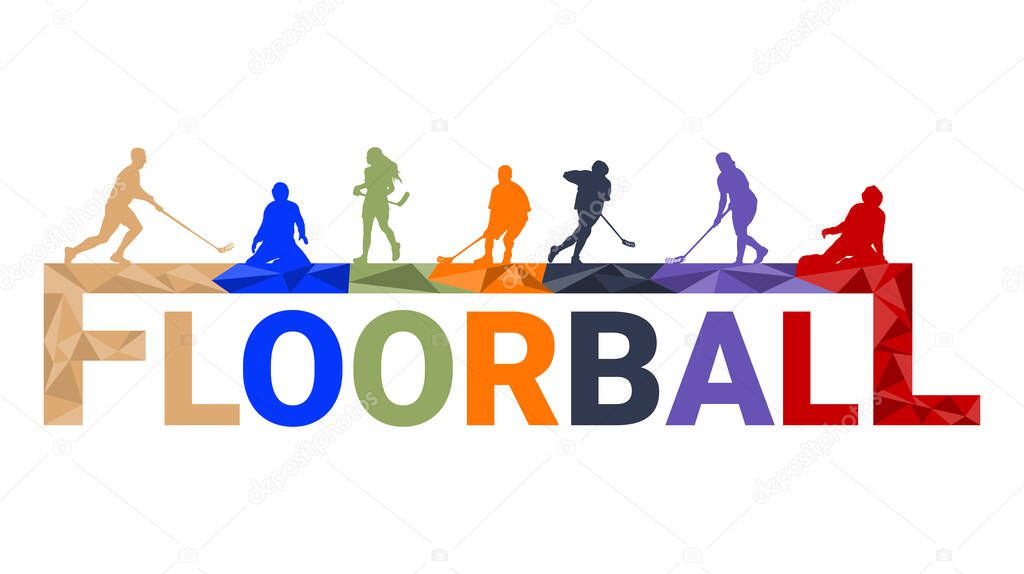 Floorball player silhouette background concept with triangle splashes.