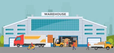Warehouse out side. Big warehouse and transportation beside. Boxes on pallet shelves people loaders working of warehouse clipart