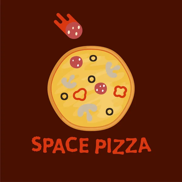 ピザのロゴ。宇宙のピザ惑星や空飛ぶソーセージのイラストです。現代のピザのロゴタイプまたはアイコンを食べる. — ストックベクタ