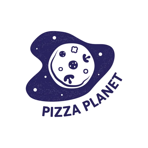 Logo planeta pizza en el espacio. Logotipo de pizza moderna o icono de comer. — Vector de stock