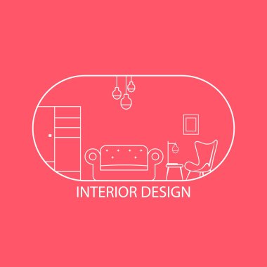 Logo mobilyaları, çizgi tarzı. Sandalyeler, kanepeler, masalar ve ev mobilyalarının sembolü ve simgesi.