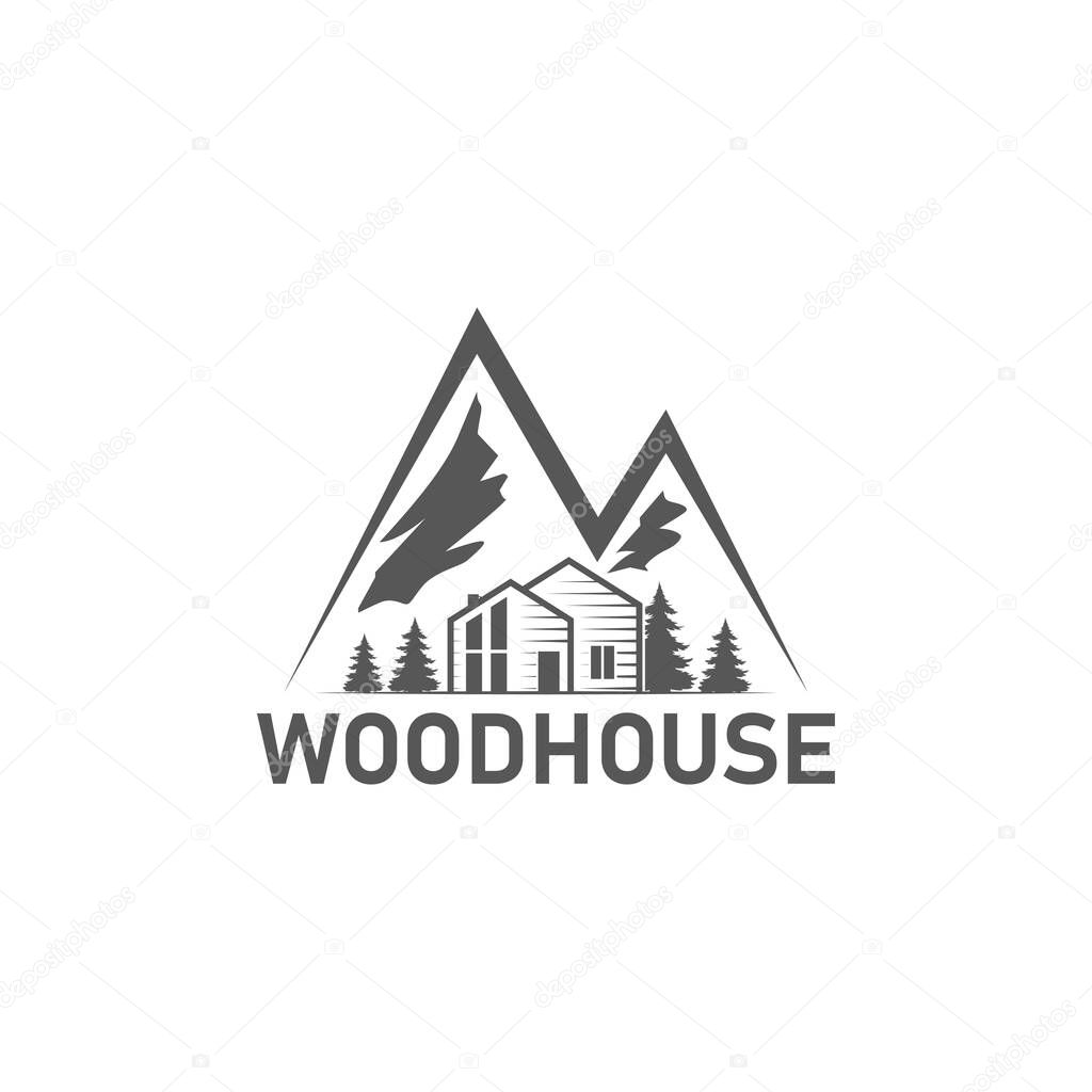 Logo wood house and Mountains. Sign wood house for rental. vector illustration.