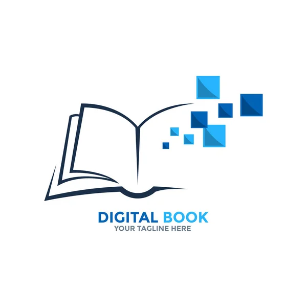 Logo du livre numérique. Logo du livre bleu éducatif en ligne. Livre ouvert avec pages et pixels. — Image vectorielle