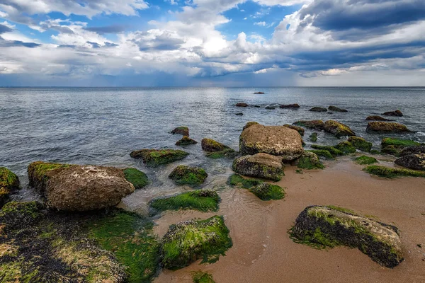 海滩上有苔藓的岩石的海景 — 图库照片