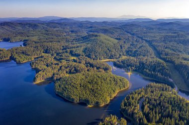Mavi su ve yeşil ormandan oluşan güzel bir panoramanın insansız hava manzarası..