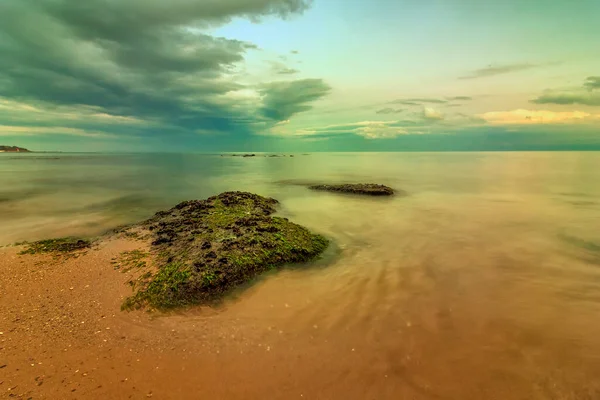 바위와 이끼가 어우러진 바다를 물총새가 바라본다 지평선에 구름이 아름다운 — 스톡 사진