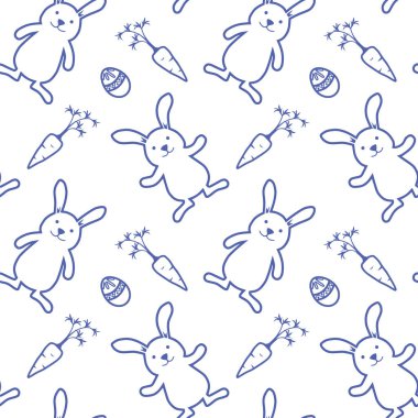 Paskalya tavşanları, yumurtalar ve havuçlar beyaz arka plan vektöründe kusursuz desen