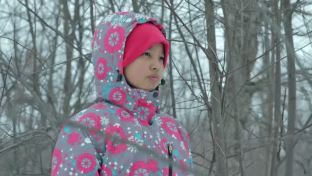 Весела дівчинка в парку взимку — стокове відео