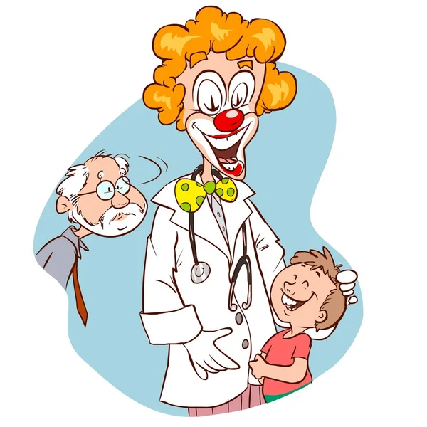 Dokter dengan wajah badut memegang anak terisolasi dalam warna putih - Stok Vektor