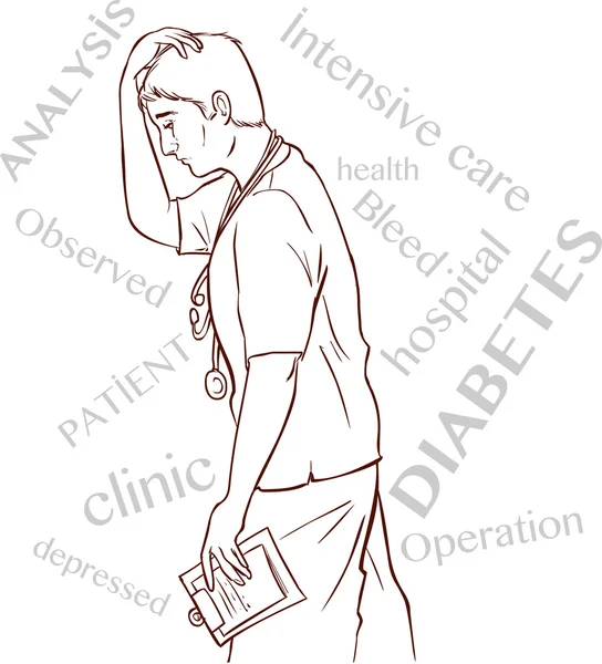 Antecedentes sanitarios con tipografía palabras de médico deprimido — Vector de stock