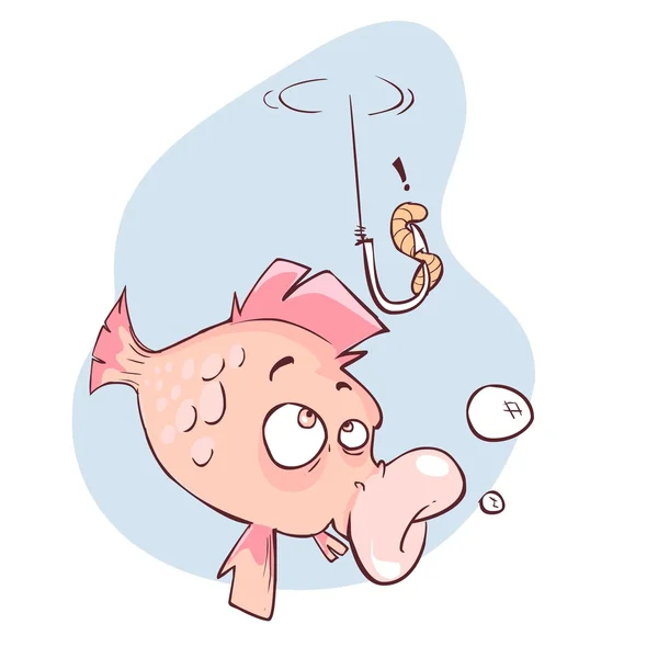 De afbeelding ziet u een grappige cartoon vis die kijkt naar de worm als visaas. — Stockvector