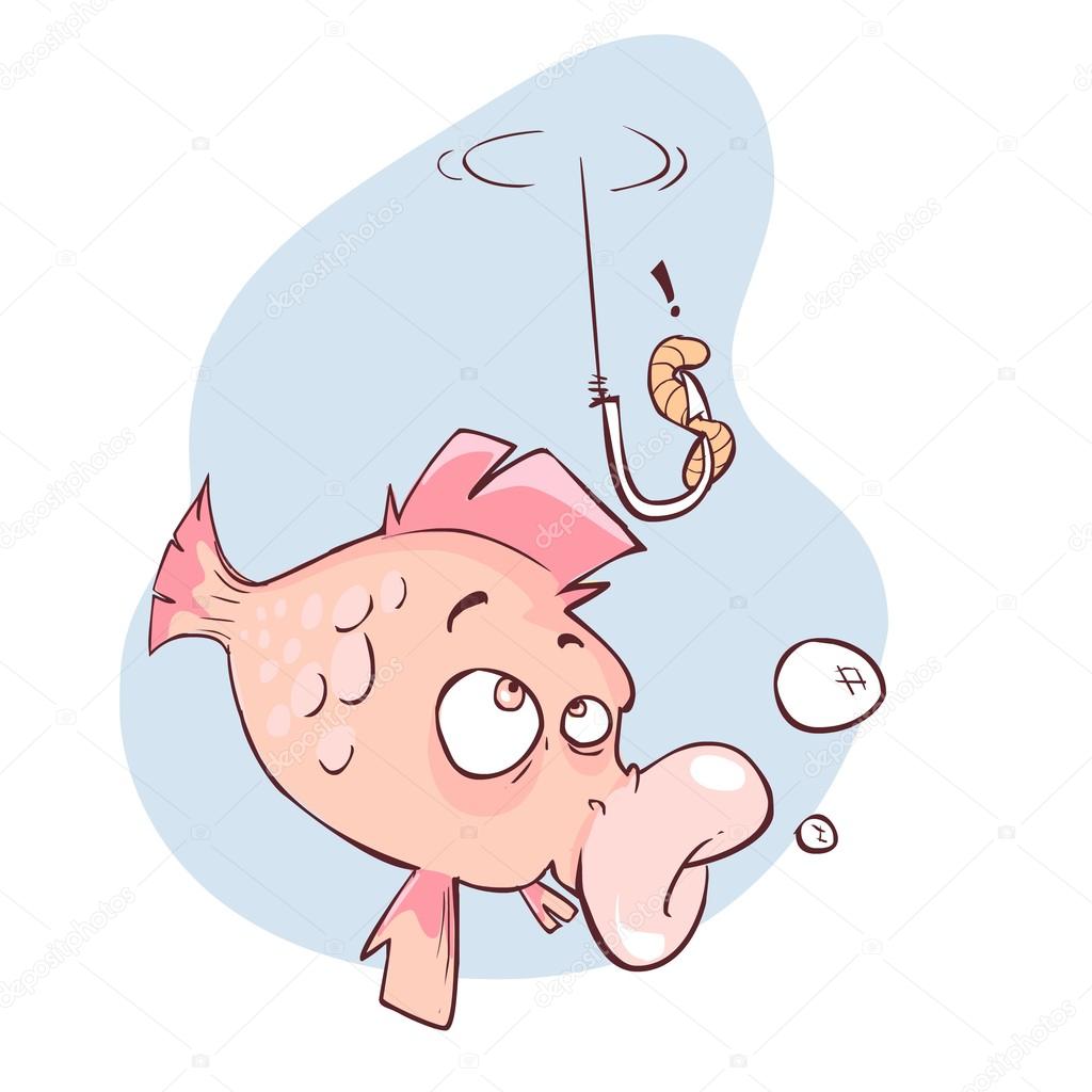 The illustration shows a funny cartoon fish that looks at the worm as  fishing bait. Stock Vector by ©corbacserdar.gmail.com 112578010