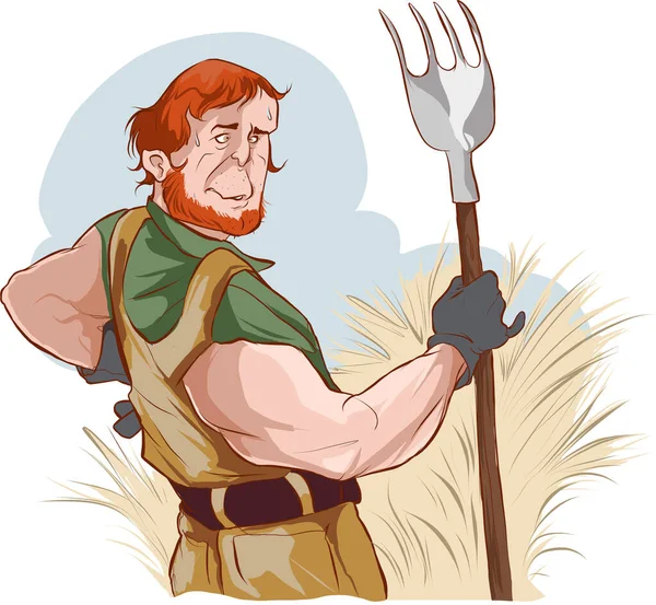 Agricultor Que Trabaja Campo Hierba Seca Del Heno Vector Stock — Vector de stock