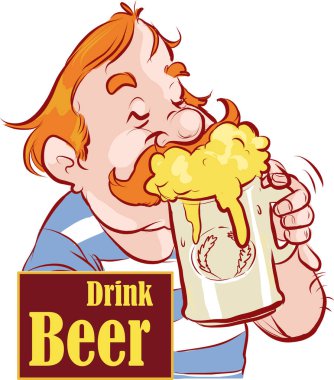 Mutlu adam karakteri ağzı açık bira içer.