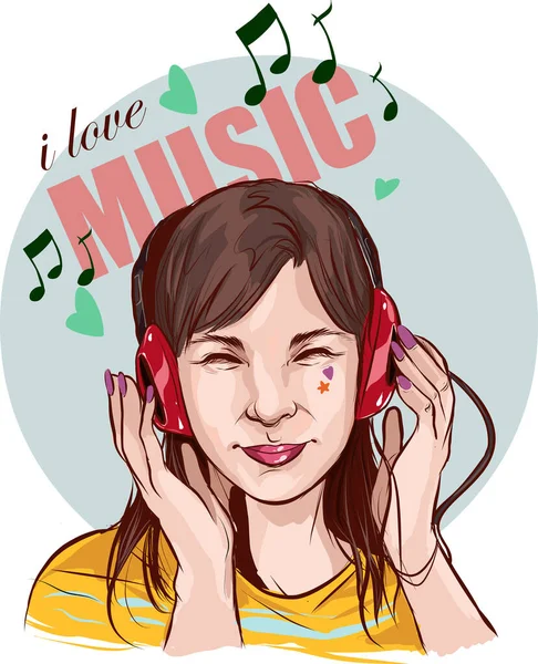 Nettes Mädchen Kopfhörern Hört Musik Stock Illustration — Stockvektor