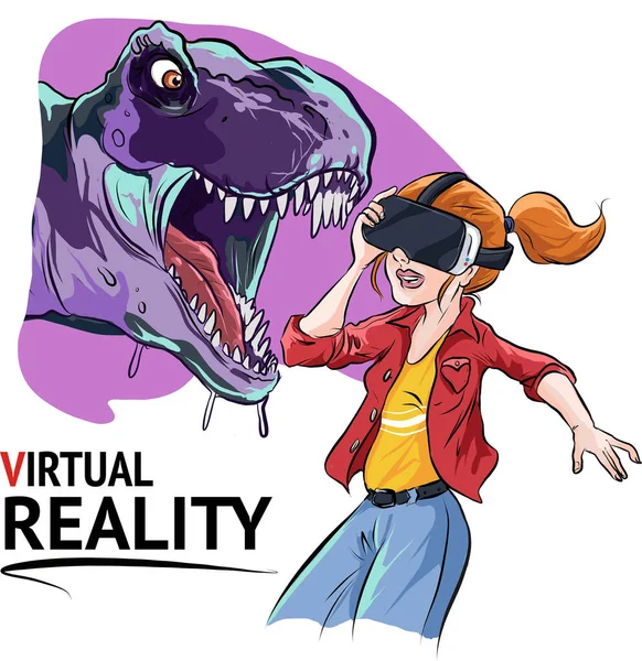 Vector Illustratie Van Meisje Dragen Virtual Reality Headset — Stockvector