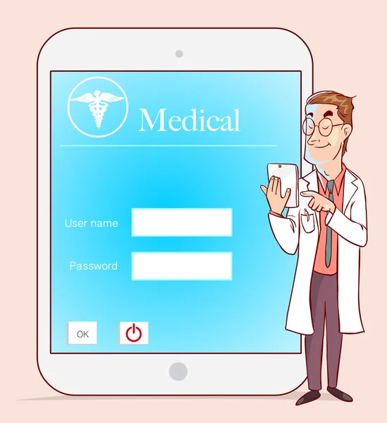 Врач-медик, работающий с современным планшетным компьютером и виртуальным интерфейсом как медицинская концепция — стоковый вектор