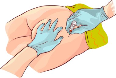 Drawing of Gloved hands aspirating syringe at dorsogluteal site of injection clipart