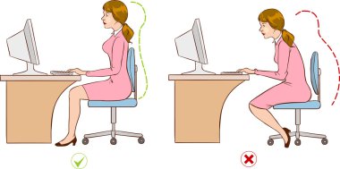 Girl sitting at an ergonomically correct computer station. clipart