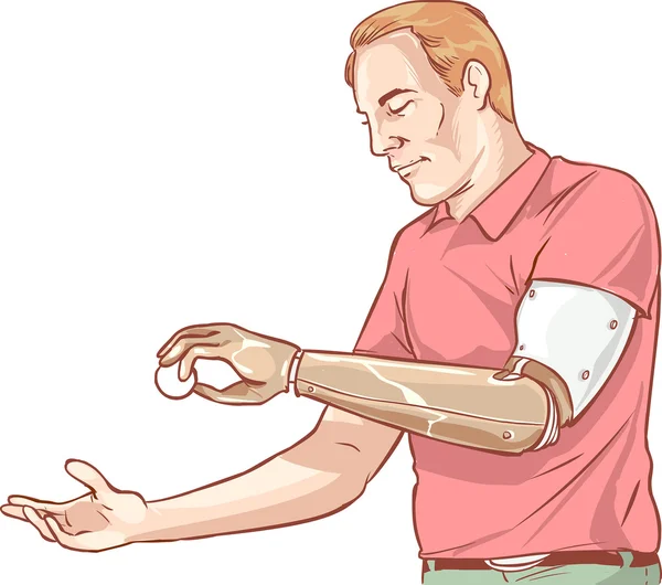 Ilustración de un hombre usando su brazo protésico — Archivo Imágenes Vectoriales