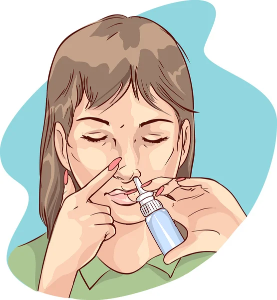 Une femme utilisant un médicament pulvérisateur nasal — Image vectorielle