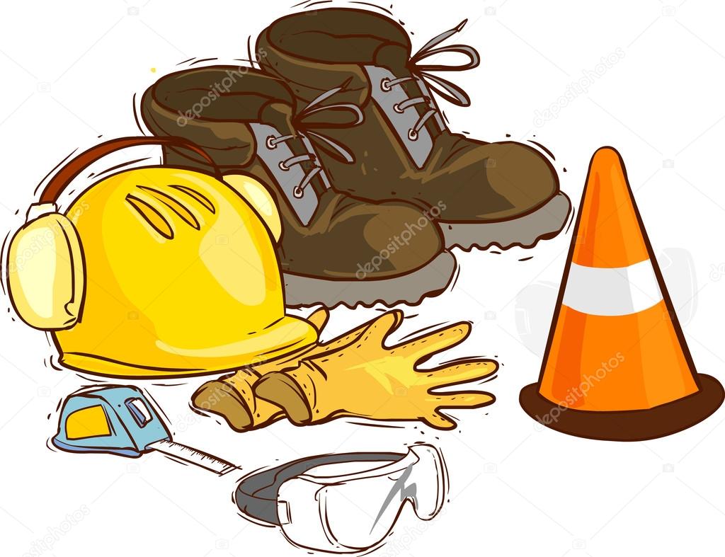 The building tools and protective means. Working boots, tools, building helmet, goggles ,meter gloves