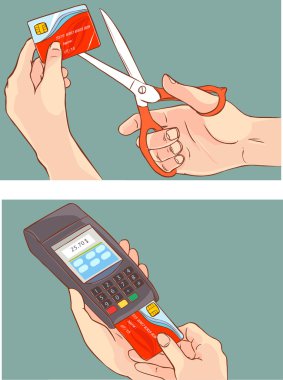 Kredi kartı makas ve kredi kartı pos terminal iterek el ile kesme