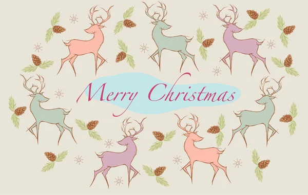 Рождественская открытка со снежинками, шишками и оленями — стоковый вектор