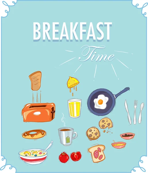 Kahvaltı öğeleri mavi bir arka plan üzerinde — Stok Vektör