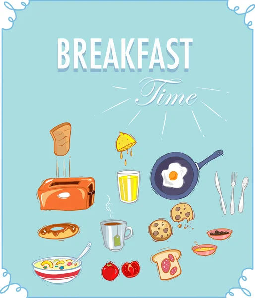 Artículos de desayuno sobre un fondo azul — Vector de stock