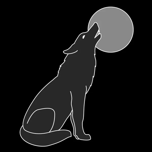 Grauer Wolf Silhouette heult Vollmond — Stockvektor