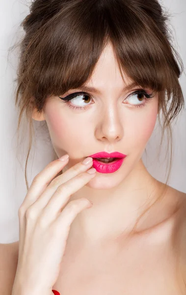 Woman face with hair motion pink lipstick, smile — Stock Photo, Image