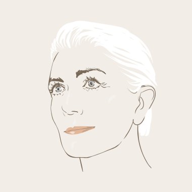 Güzel, 40-50 yaşında bir kadın portresi. Mutlu durağındayım laged kadın, gri arka plan portresi. Beyaz saç, doğal makyaj, açık cilt. Etiket, banner, rozet, logo tasarım şablonu. Vektör.