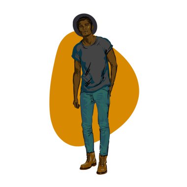 Güzel esmer erkek şapkası. Güzellik Model erkek. Saç modeli. Şık erkekler. Serbest çizim vektör. Afiş, kartları için kullanılabilir, kapsar. Vektör portre Afro-Amerikan güzel erkekler.