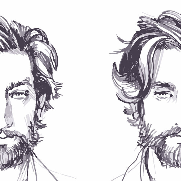 Hair. Beard. Beautiful Brunette Man. Healthy Long Hair. Beauty Model Male. Hairstyle. Hair care. Barber shop badges and design elements. Black and White.