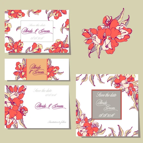 Wedding invitation card suite with flower — Stock Vector