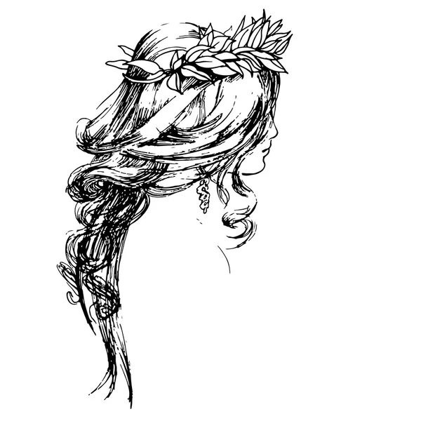 Boceto con una hembra con pelo largo vintage — Vector de stock