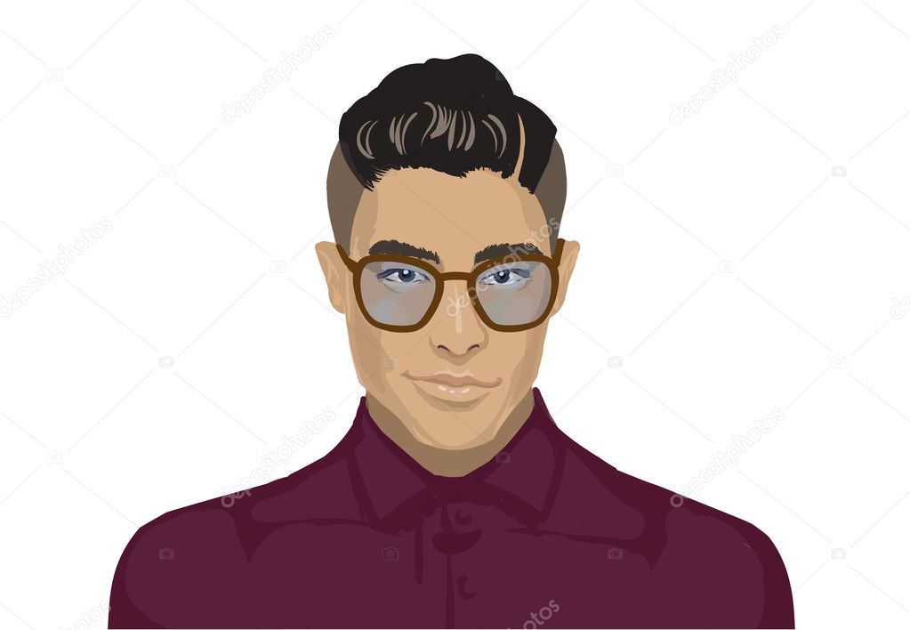 Closeup young handsome man face. Pan Asian male portrait. Fashionable charming young man face. Portrait of a hipster asian man over white background. Beautiful Asian student with glasses