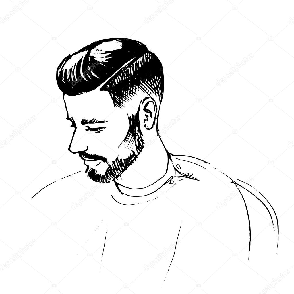 Hair. Beard. Beautiful Brunette Man. Healthy Long Hair. Beauty Model Male. Hairstyle. Hair care. Barber shop badges and design elements. Black and White.