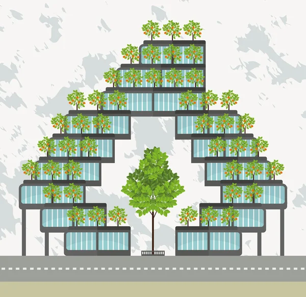 Illustratie van het moderne gebouw met de bomen op het dak — Stockvector