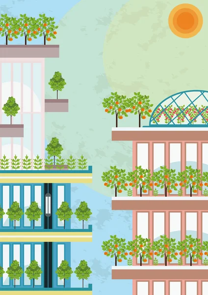 Bomen, kleine tuinen en groen-huizen op het dak van de gebouwen — Stockvector