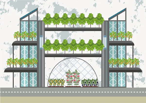 Illustration des modernen Gebäudes mit Bäumen und Solarzellen auf dem Dach — Stockvektor